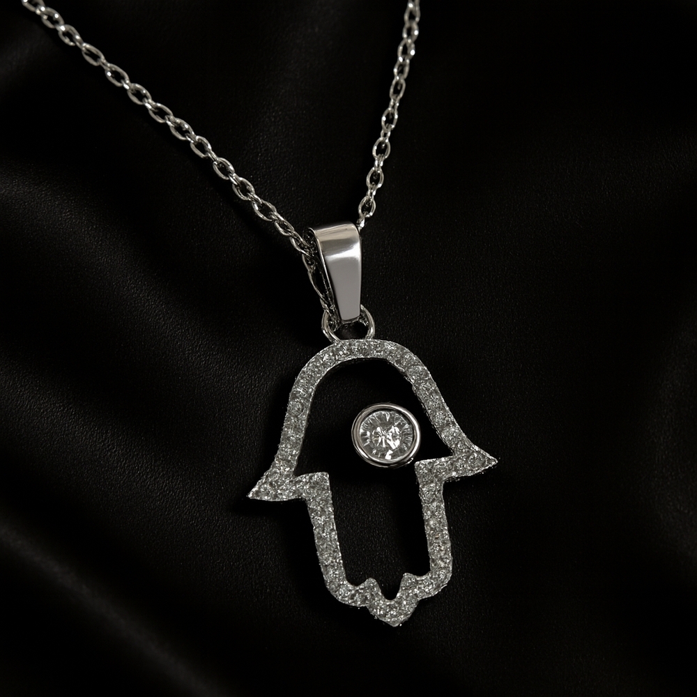 Silver Hamsa Pendant Necklace – Cubic Zirconia Sparkling Evil Eye Protection CZ